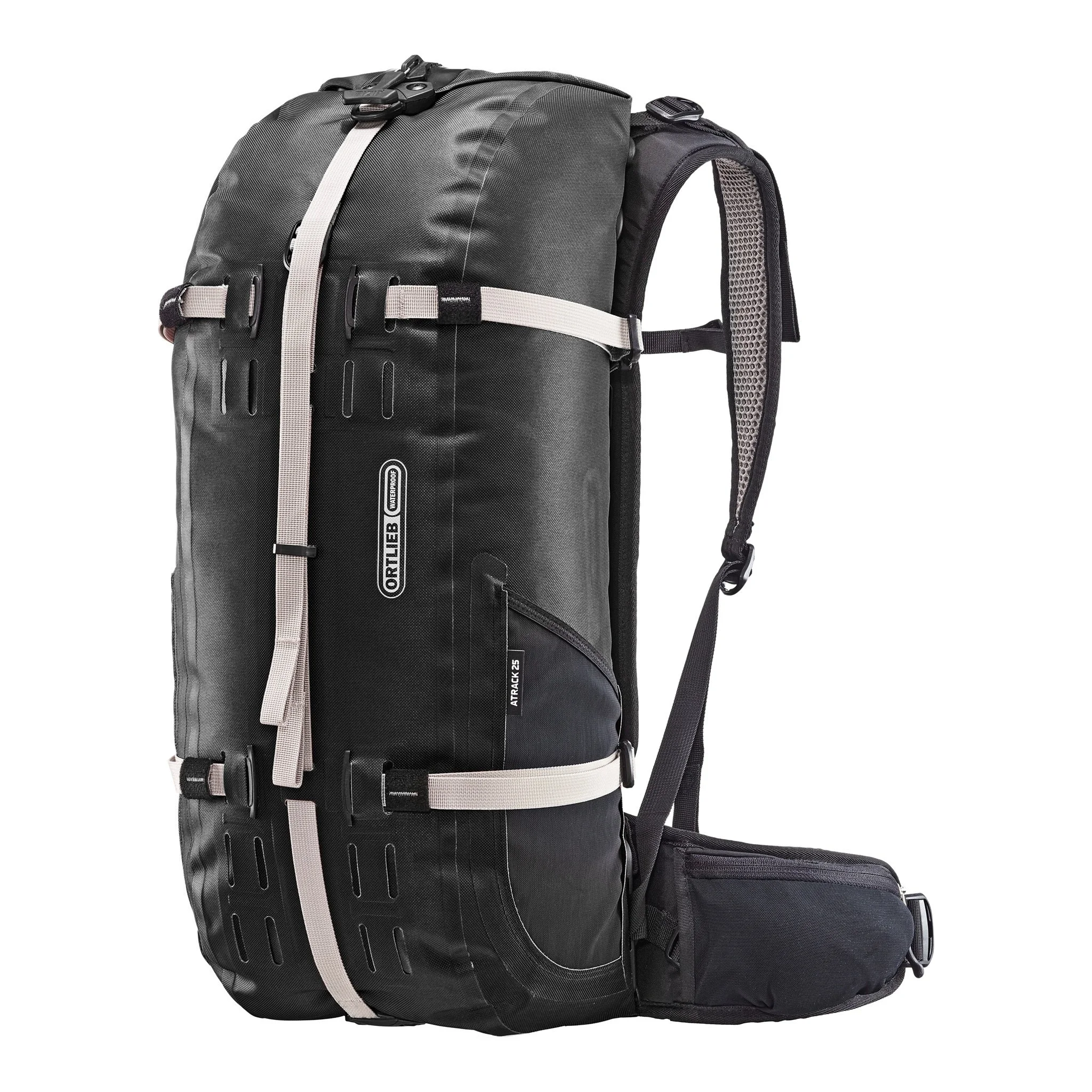 Vorderansicht des wasserdichten ORTLIEB Outdoor-Rucksacks Atrack in der Farbe rooibos mit 25 Litern Volumen, mit schwarzen Details, verstellbaren Kompressionsriemen, Hüftflossen und seitlicher Netztasche.