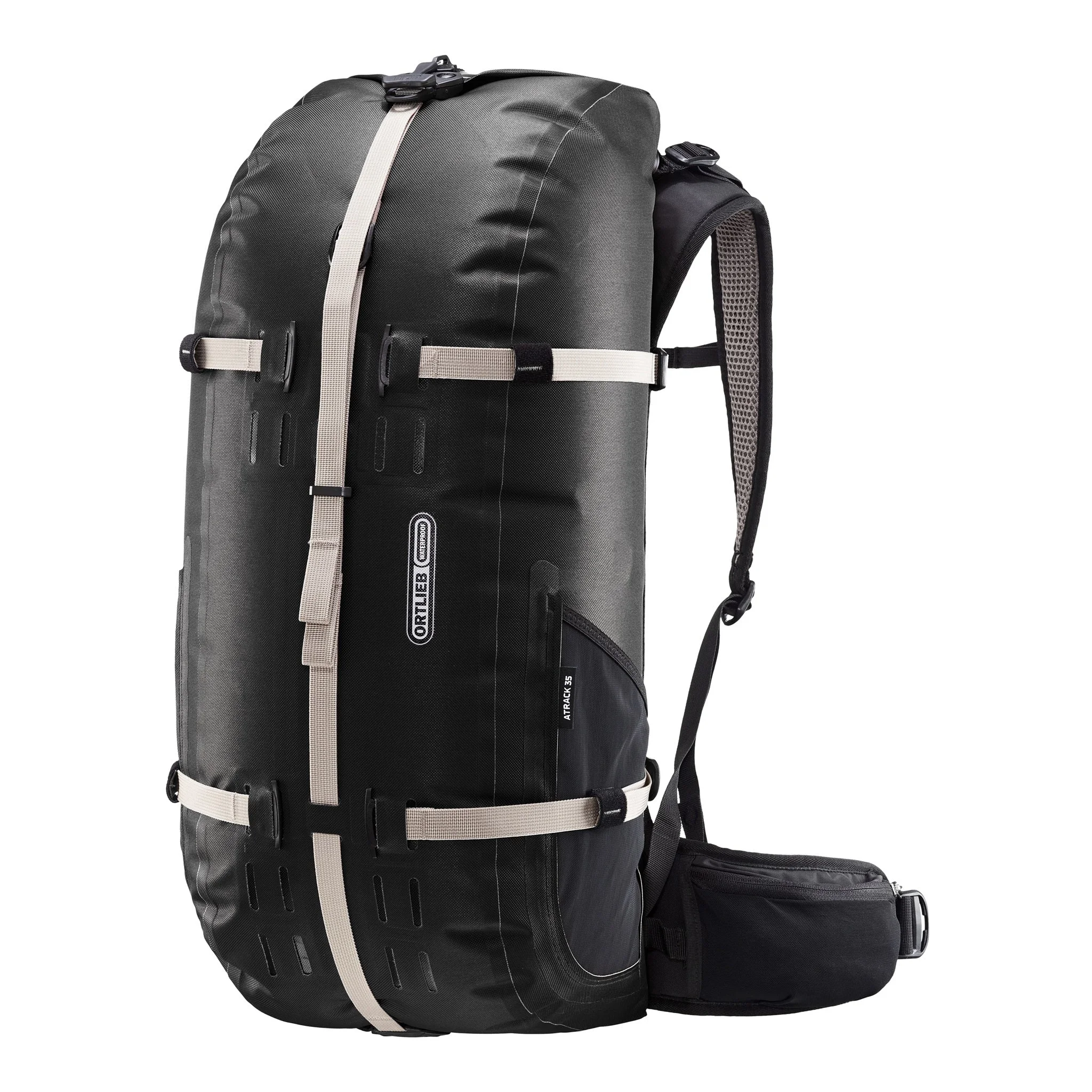 Innenansicht des wasserdichten ORTLIEB Outdoor-Rucksacks Atrack in der Farbe rooibos mit 25 Litern Volumen, mit geräumigem Hauptfach, internen Organizertaschen und vollständig wasserdichtem Aufbau.