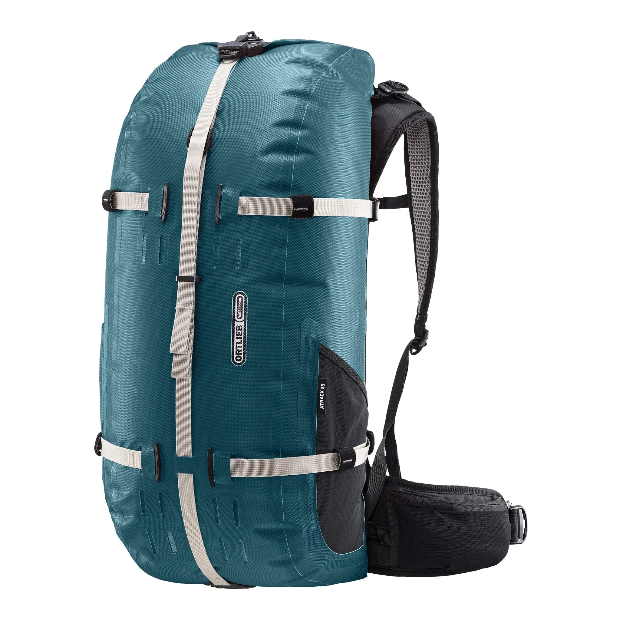 Detailansicht des wasserdichten ORTLIEB Outdoor-Rucksacks Atrack in der Farbe rooibos mit 25 Litern Volumen, mit robustem TIZIP-Reißverschluss für zuverlässigen Schutz vor Nässe und Staub.